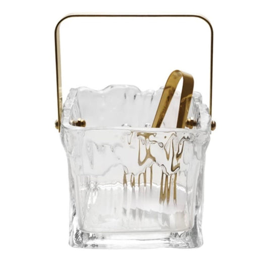 Glass Ice Bucket with gold-finish handle and tongs