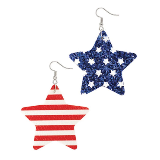 Glitter star-shaped earrings on a fish hook wire.