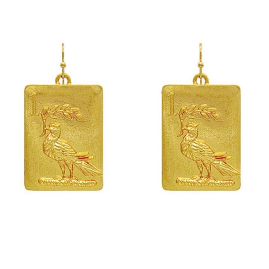 A pair of gold rectangular drop earrings featuring an embossed bird design and a small gold fishhook at the top, shown against a plain white background.