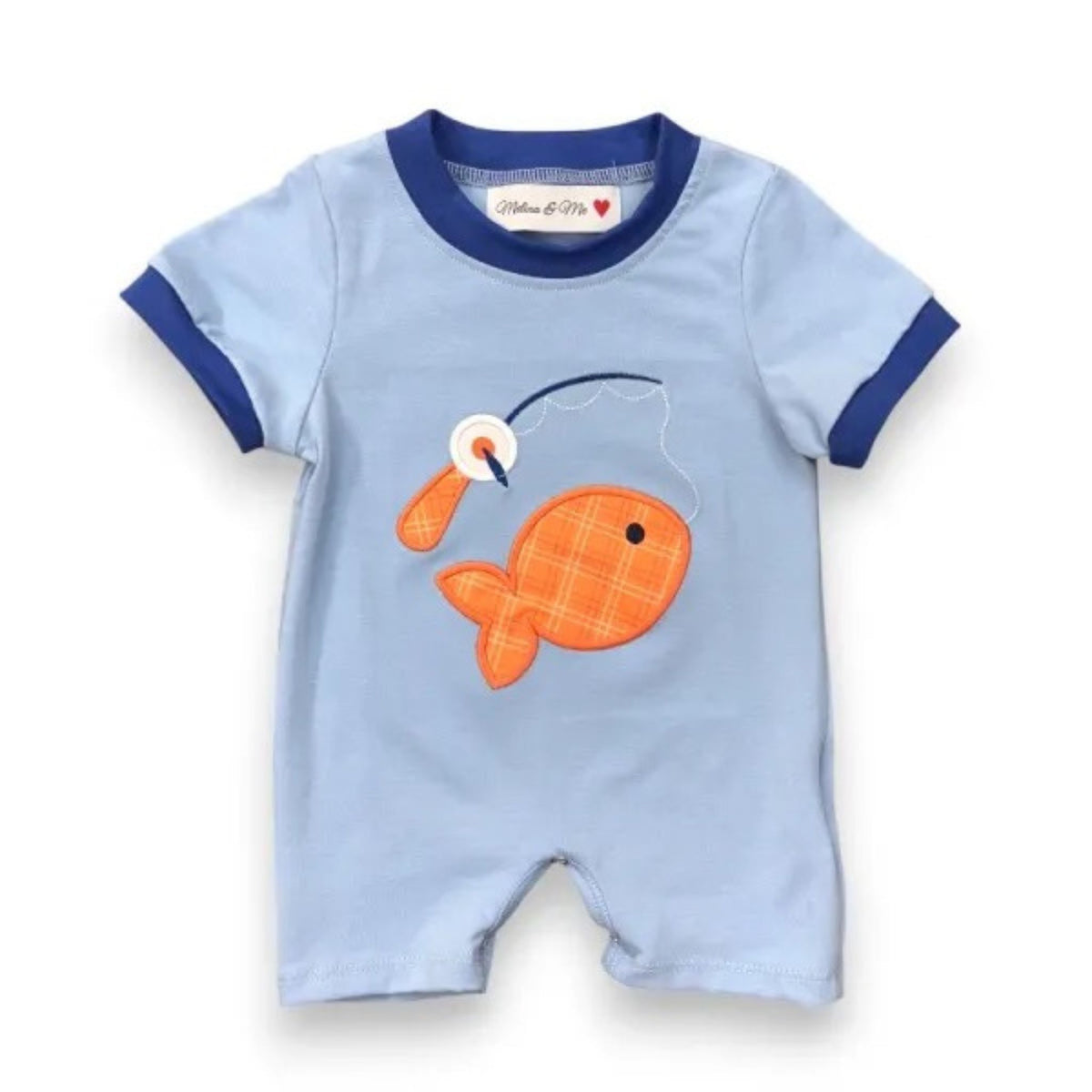 Gone Fishin' Romper in light blue with embroidered fish