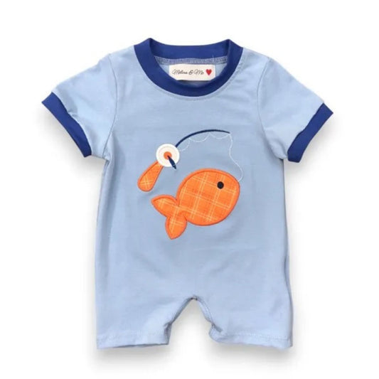 Gone Fishin' Romper in light blue with embroidered fish