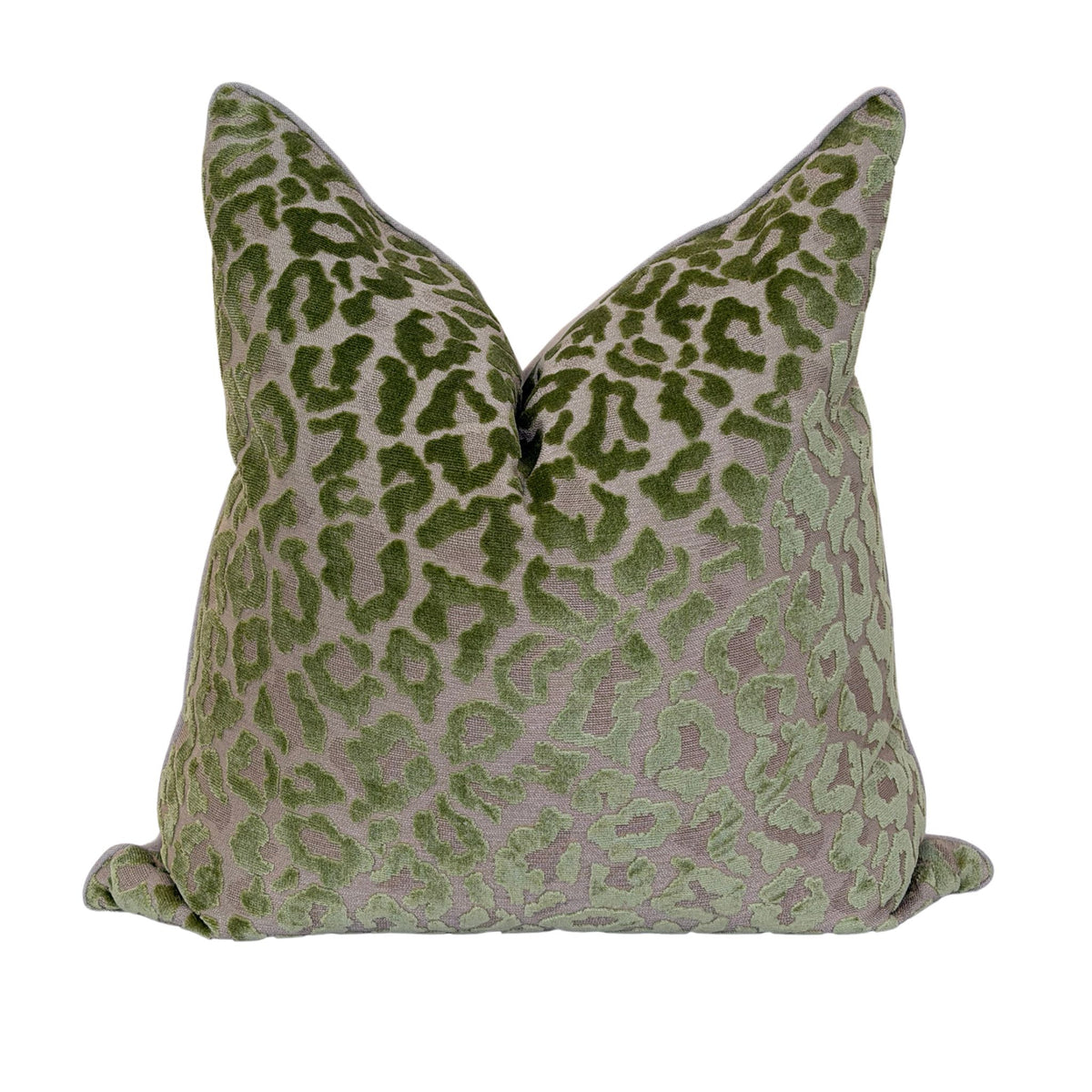 A green leopard print cut-velvet pillow shown against a plain white background.