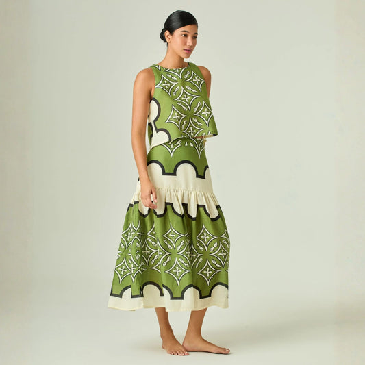 Smith & Zoe Linen Two-Piece Set in green and navy