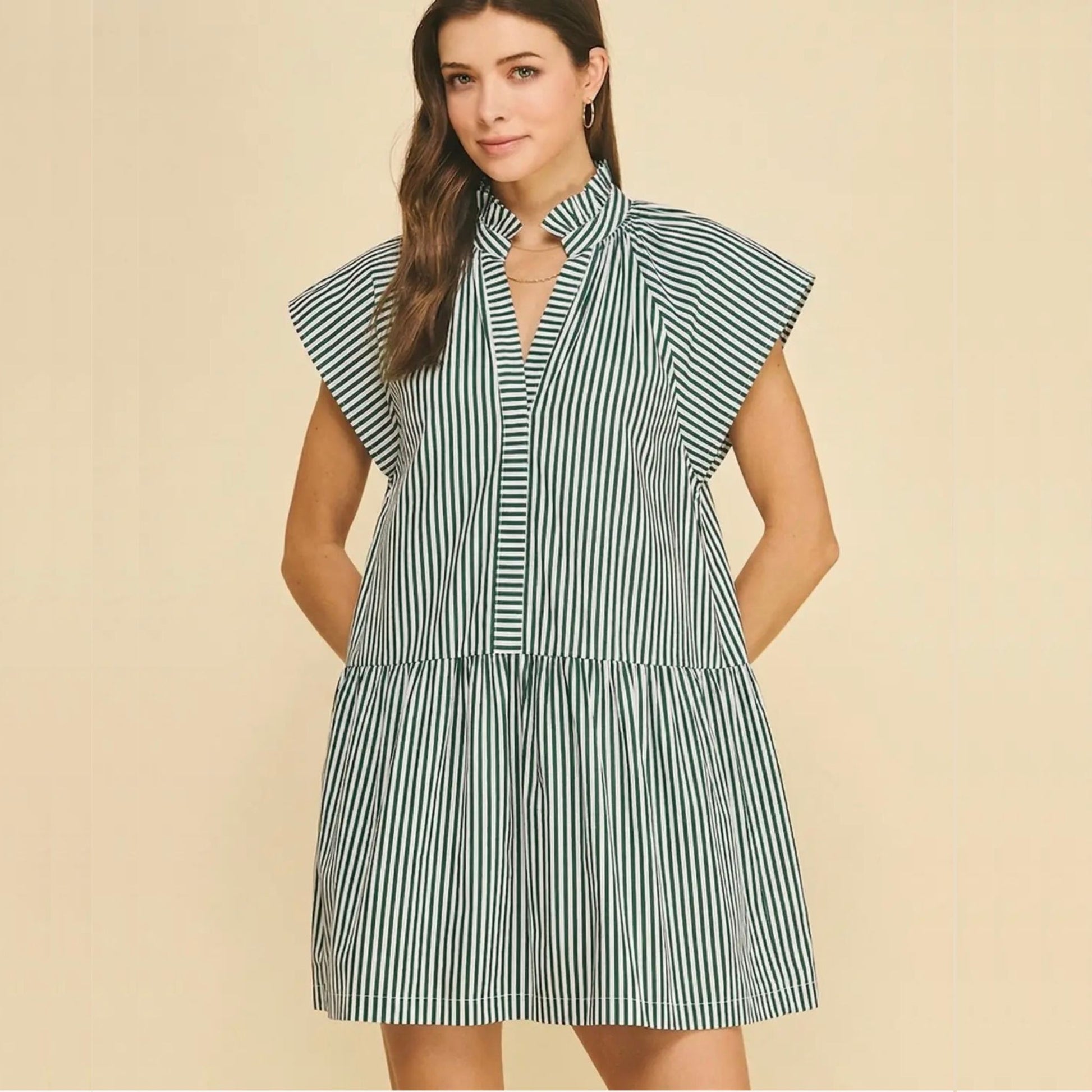 Green Stripe Ruffle Neck Tunic Mini Dress Pinch