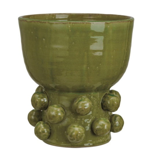 Green terra-cotta hobnail footed vase with reactive glaze