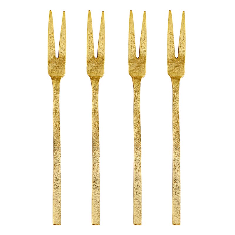 Hammered gold mini appetizer fork on a white background