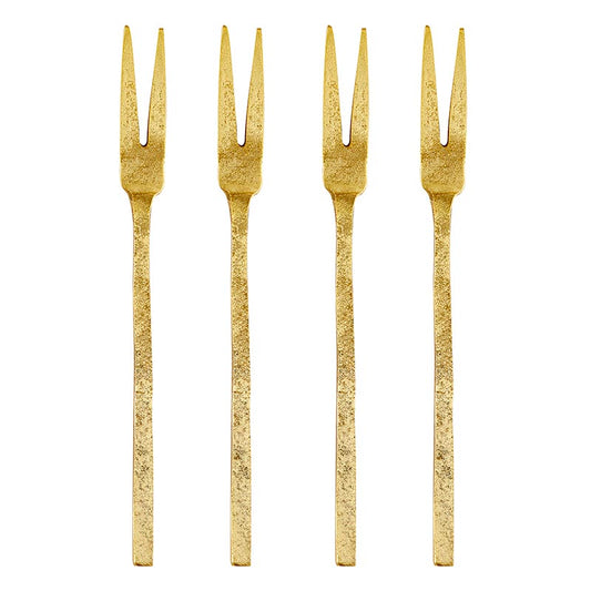 Hammered gold mini appetizer fork on a white background