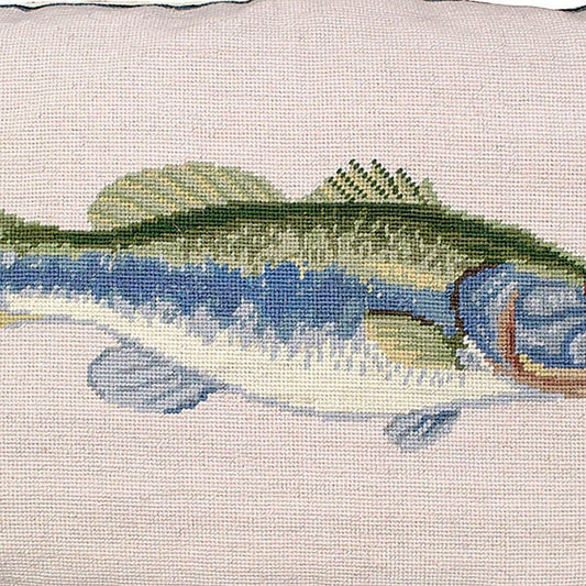 Hand-Stitched Wool Needlepoint Fish Pillow, stitch close-up
