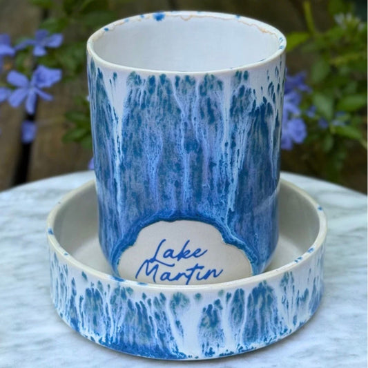 Handmade ceramic Lake Martin dish in cobalt-and-white waterfall glaze, shown styled with the matching Lake Martin cup