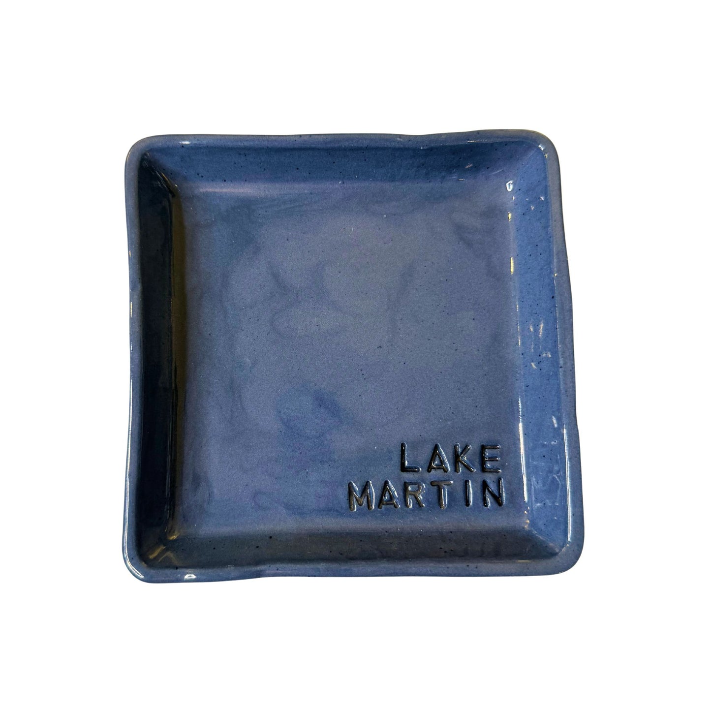 Handmade square ceramic tray hand-stamped "Lake Martin" in blue glaze