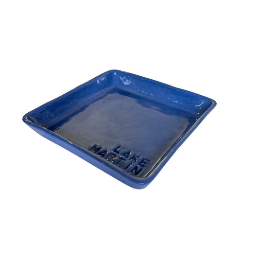 Handmade square ceramic tray in glossy navy-blue glaze