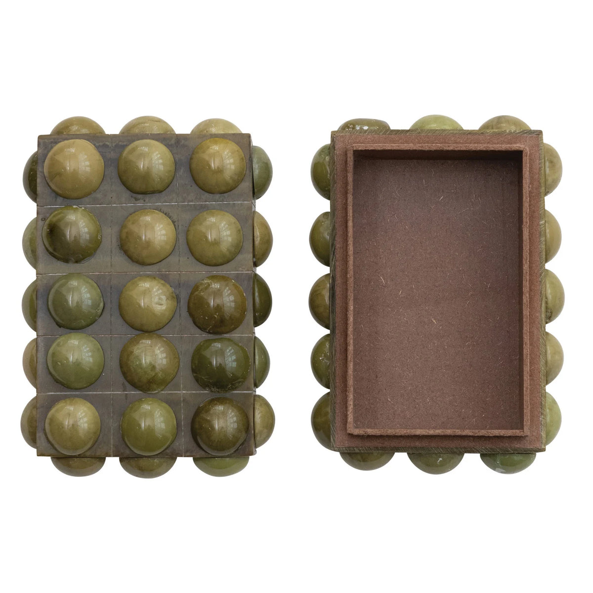 Handmade marbled green resin bobbin box, overhead view showing the marbled pattern