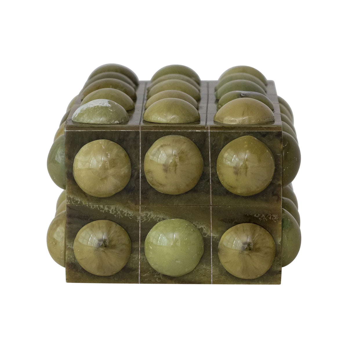 Handmade marbled green resin bobbin box, side view