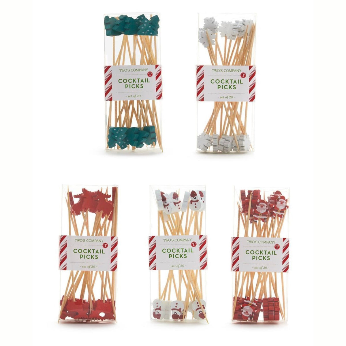 Holiday cocktail picks with snowflake, reindeer, snowman, tree, and Santa designs
