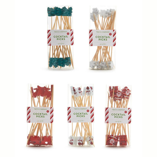 Holiday cocktail picks with snowflake, reindeer, snowman, tree, and Santa designs