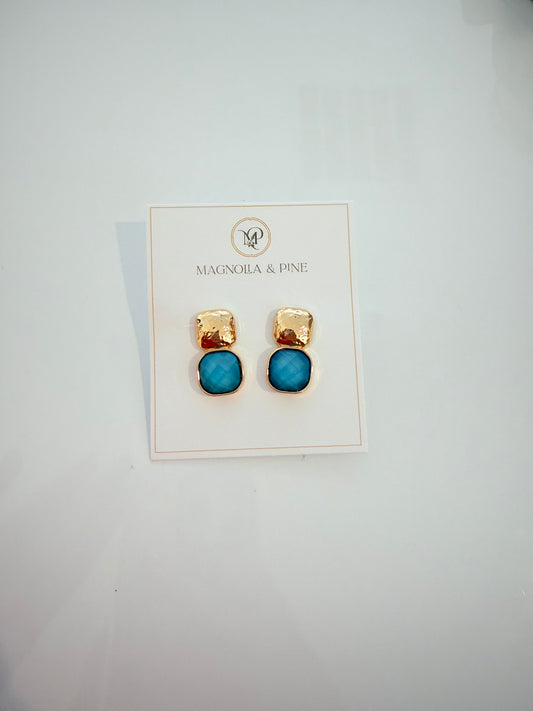 Hammered Square Faceted Stone Drop Earrings