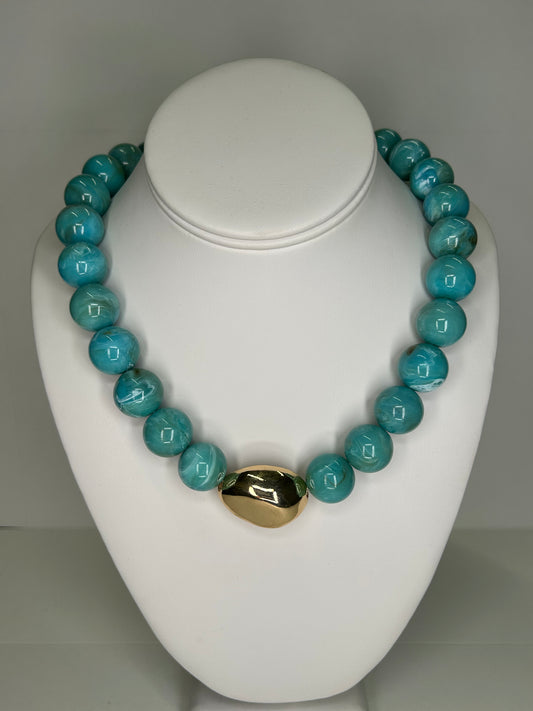Chunky Marbled Bead Necklace with Gold Accent
