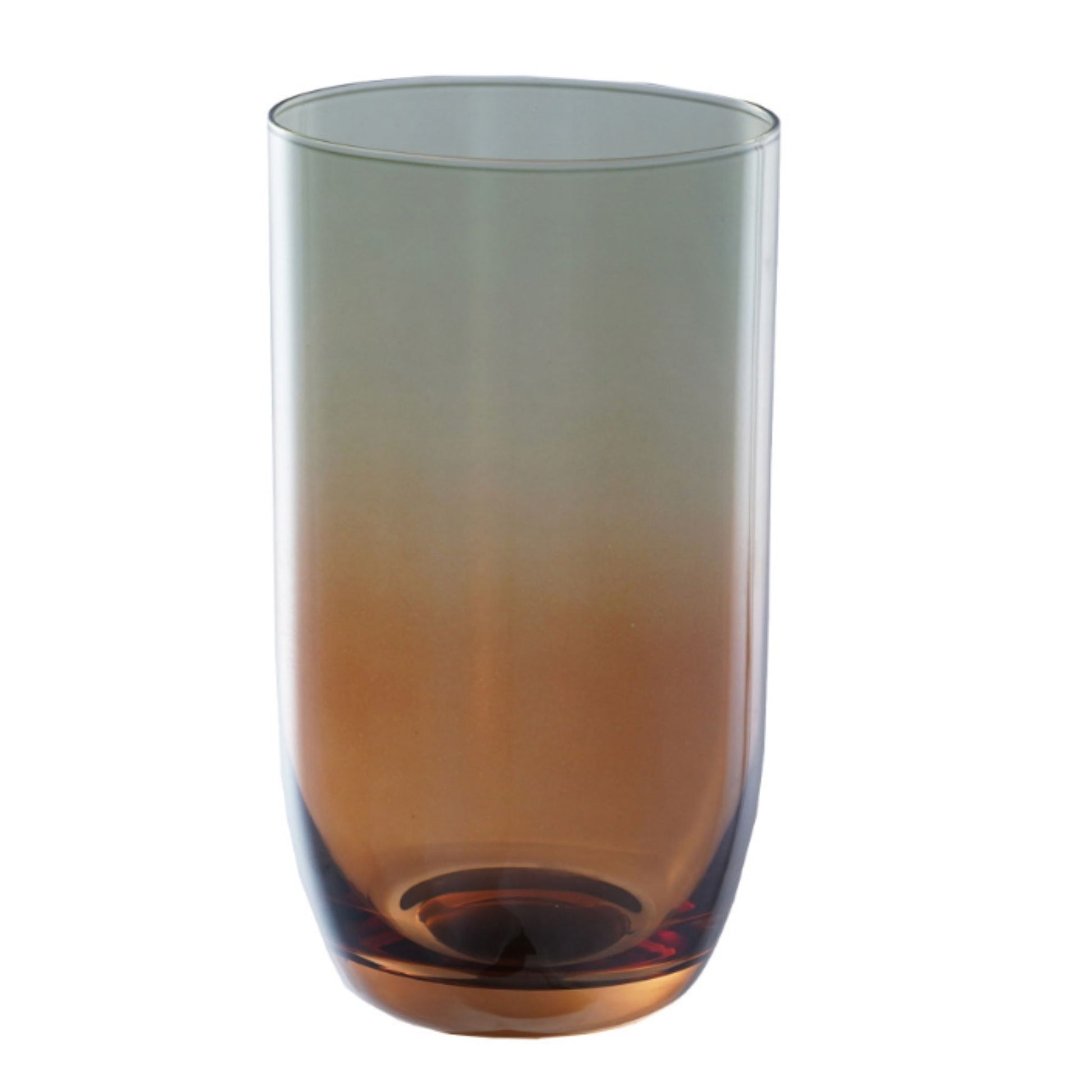 A tall, tapered drinking glass with a smoky gradient design, transitioning from a translucent gray at the top to a warm amber-brown at the bottom, shown on a plain white background.