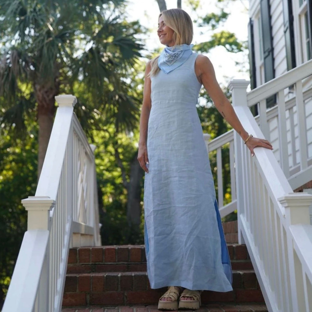 Isabella Light Blue Linen Maxi Dress