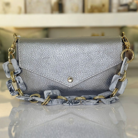 Italian Leather Crossbody Bag with Chain Strap in pewter