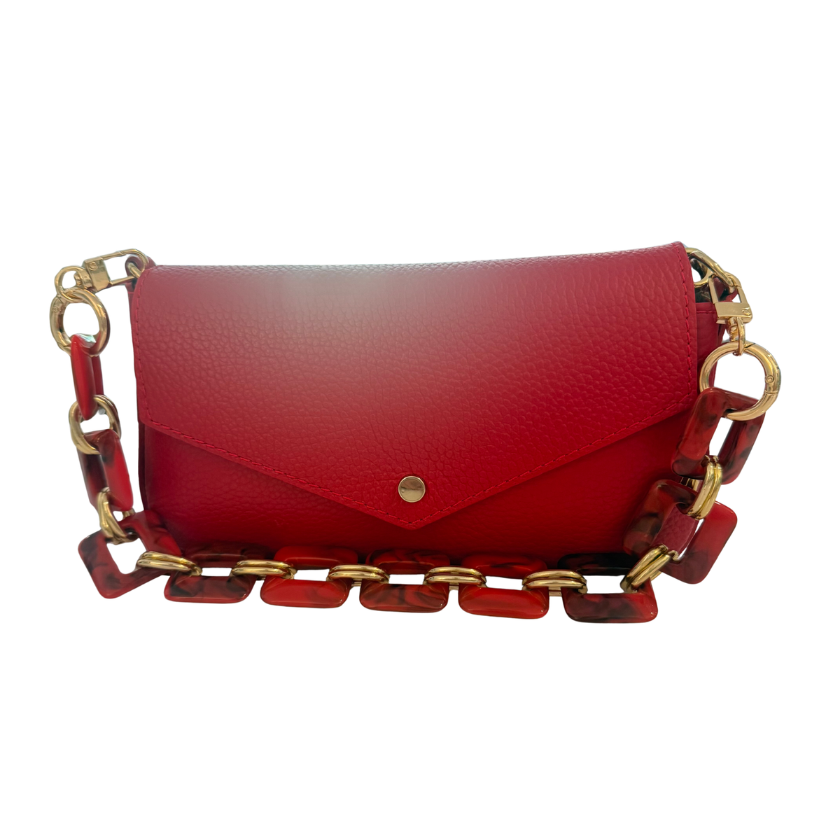 A red pebbled leather crossbody bag with a flap closure and a decorative chain strap featuring red leather links and gold-tone metal rings, shown against a plain white background.