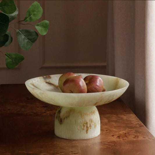 Jade swirl resin pedestal bowl, medium, raised on a rounded base