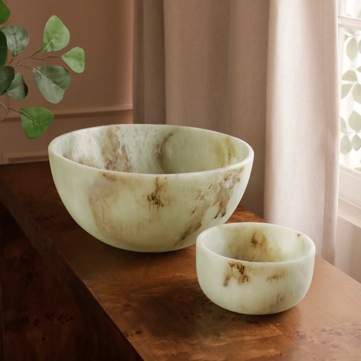 Jade swirl resin small bowl shown next to the large bowl for scale
