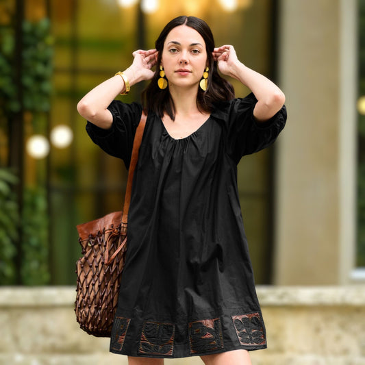 Judy Embroidered Hem Dress in Black, front view