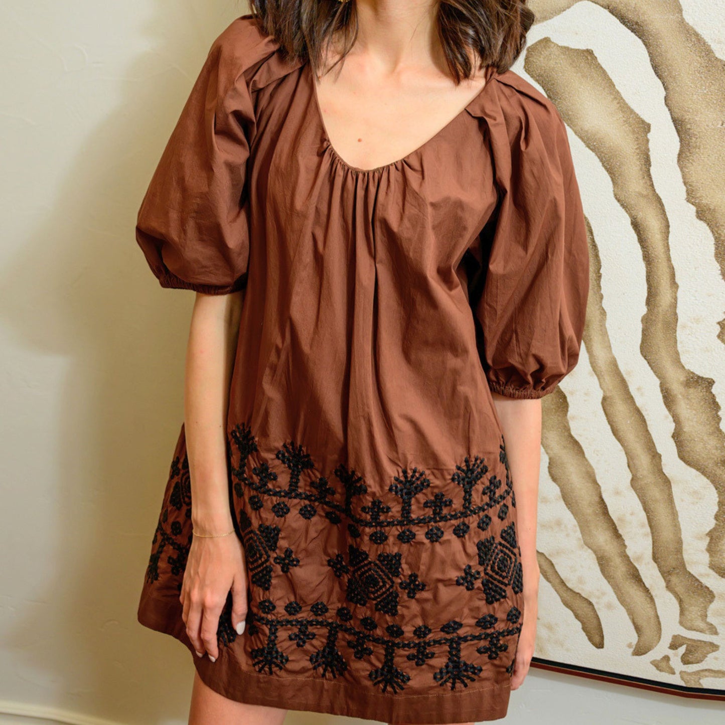 Judy Embroidered Hem Dress in Cafe brown, embroidered hem detail