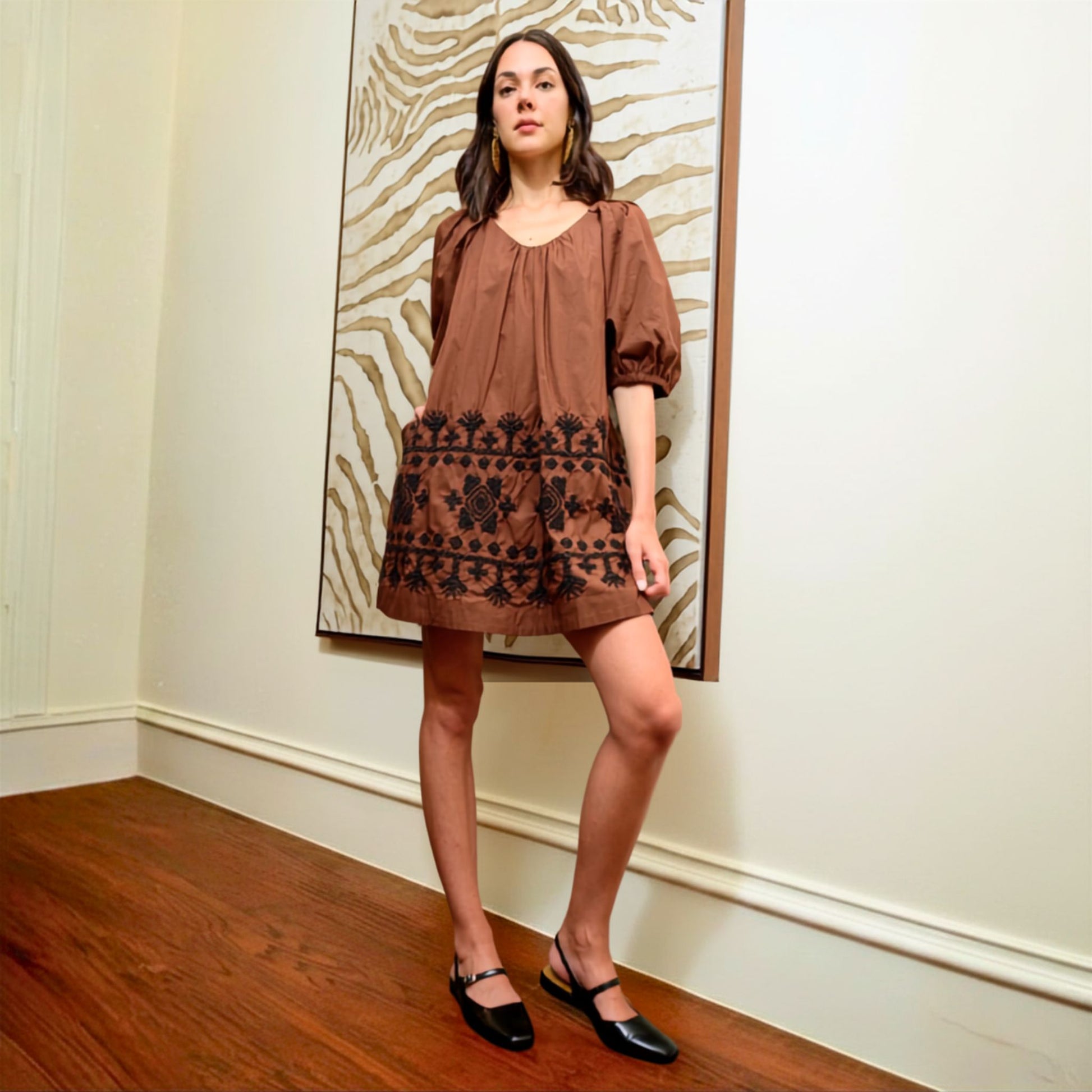 Judy Embroidered Hem Dress in Cafe brown, alternate view