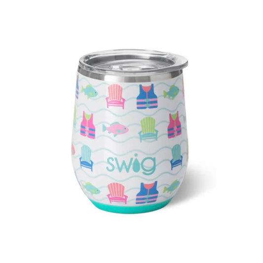 Insulated stemless wine cup with a colorful pattern of pink and blue lifeguards and green and blue fish