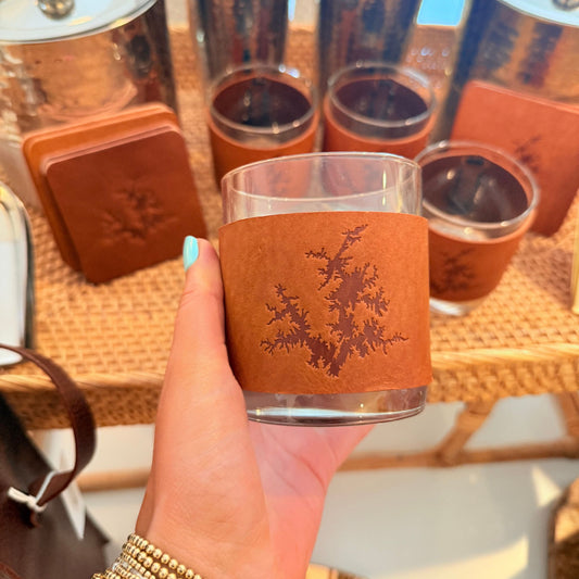 Lake Martin Rock Glass with leather sleeve stamped with the lake's shape
