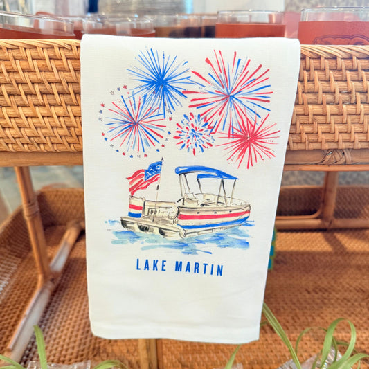 Lake Martin Fireworks kitchen towel with pontoon boat and fireworks design