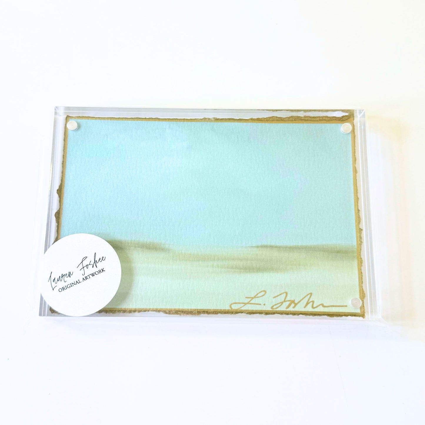 Lauren Foshee signed watercolor print, minimal abstract teal and blue-green sky and horizon wash, in a clear acrylic floating frame
