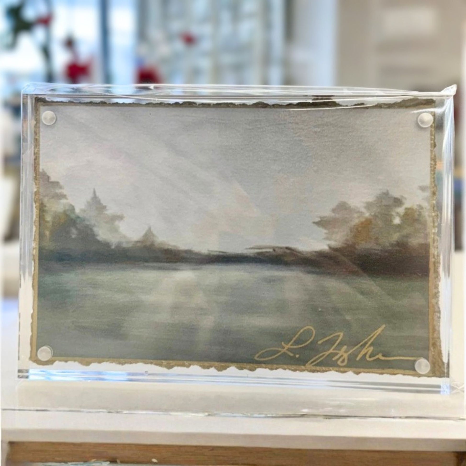 Lauren Foshee signed watercolor print collection, five 4x6 landscape and abstract designs, in clear acrylic floating frames