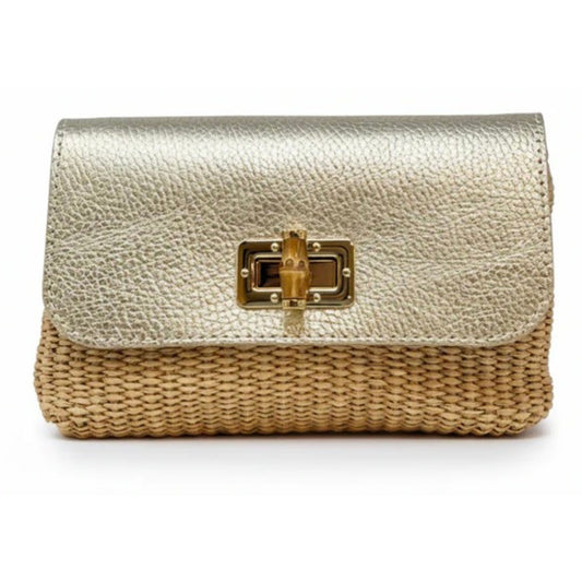 Leather Bamboo Clasp & Raffia Crossbody Bag in Gold