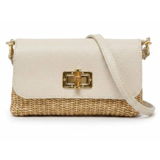 Leather Bamboo Clasp & Raffia Crossbody Bag in Ivory