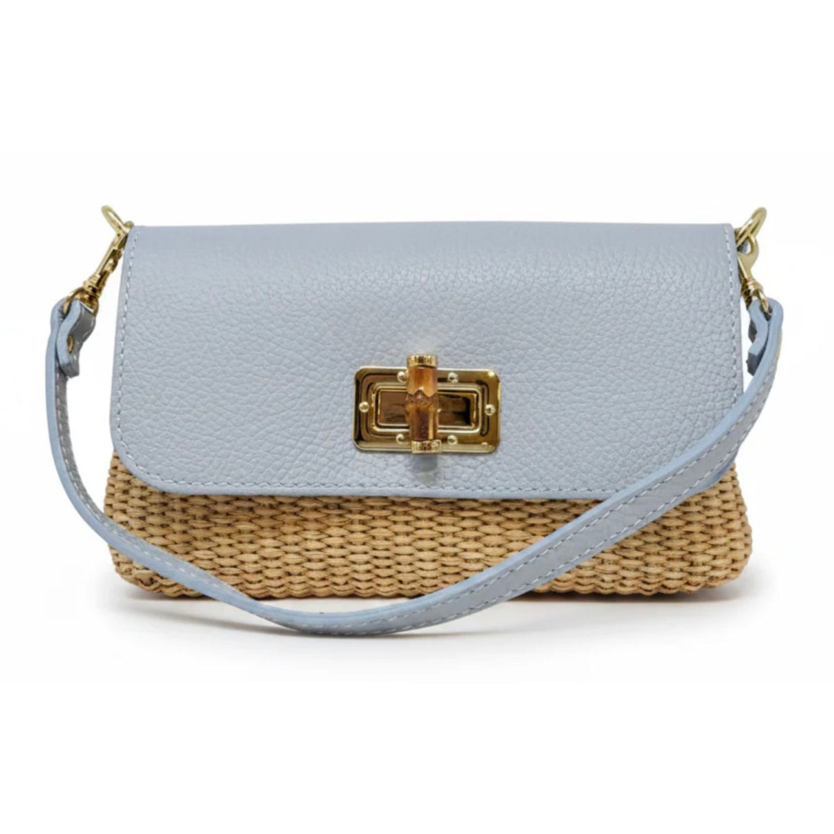 Leather Bamboo Clasp & Raffia Crossbody Bag in Light Blue