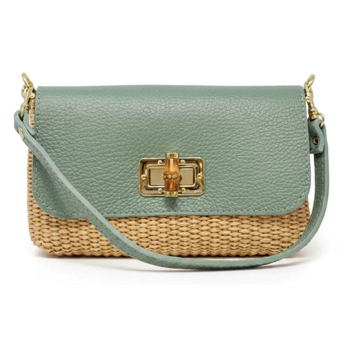 Leather Bamboo Clasp & Raffia Crossbody Bag in Mint