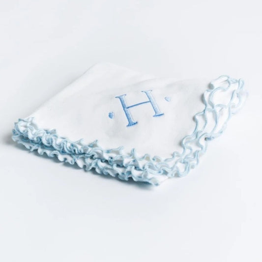 Lettuce leaf edge baby blanket in blue, 100% cotton with lettuce-edge trim