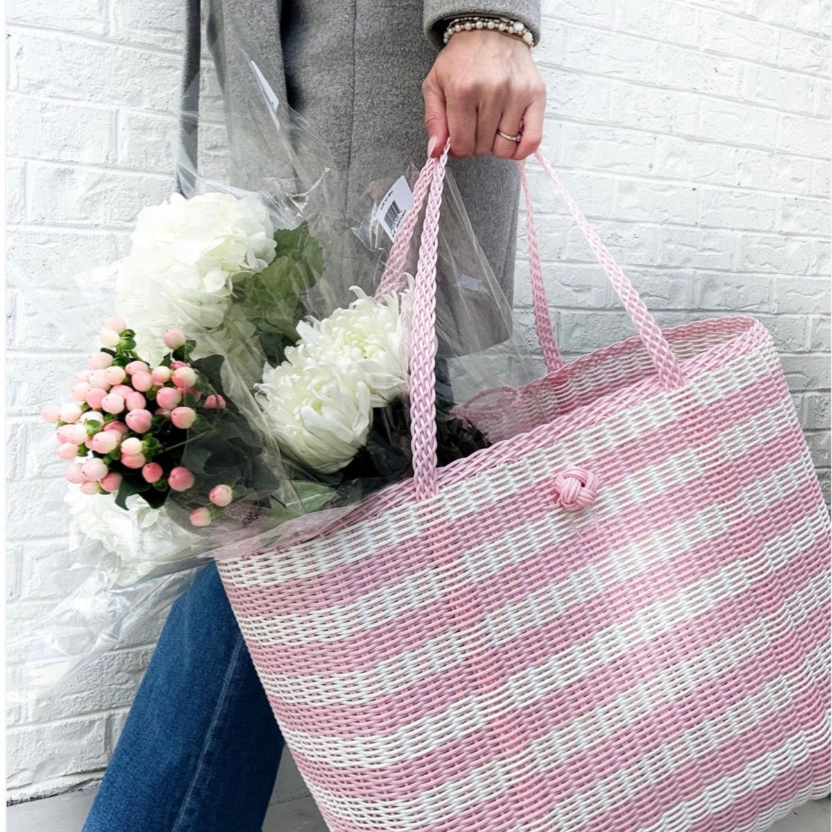 The Lilley Line Medium Tote Bag in pink and white
