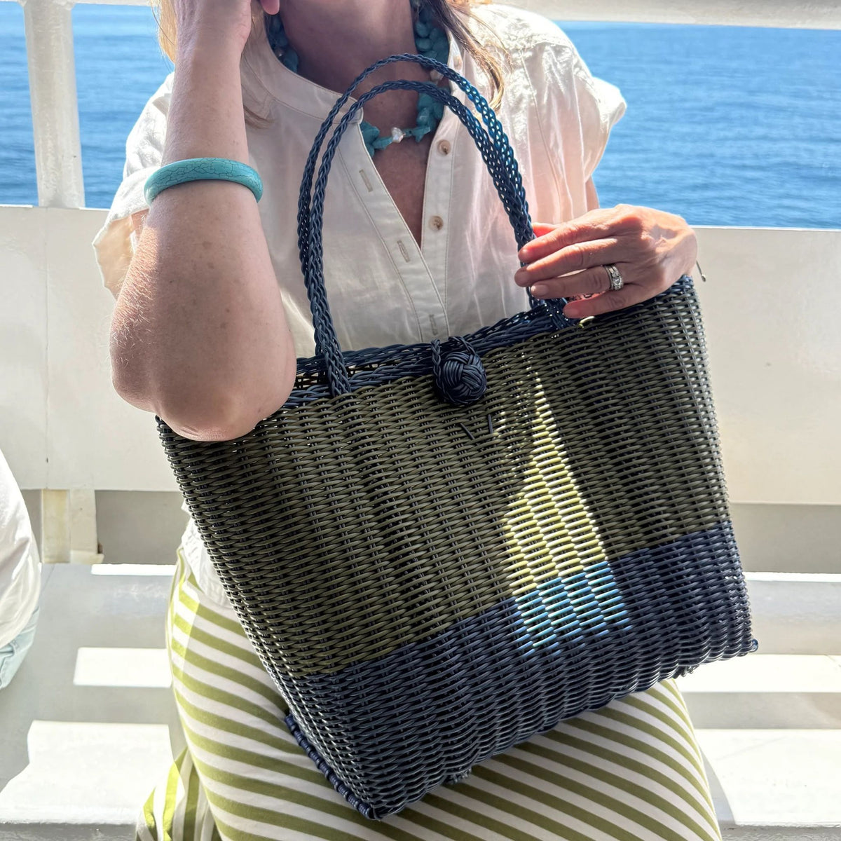 The Lilley Line Small Woven Tote with Pom-Pom