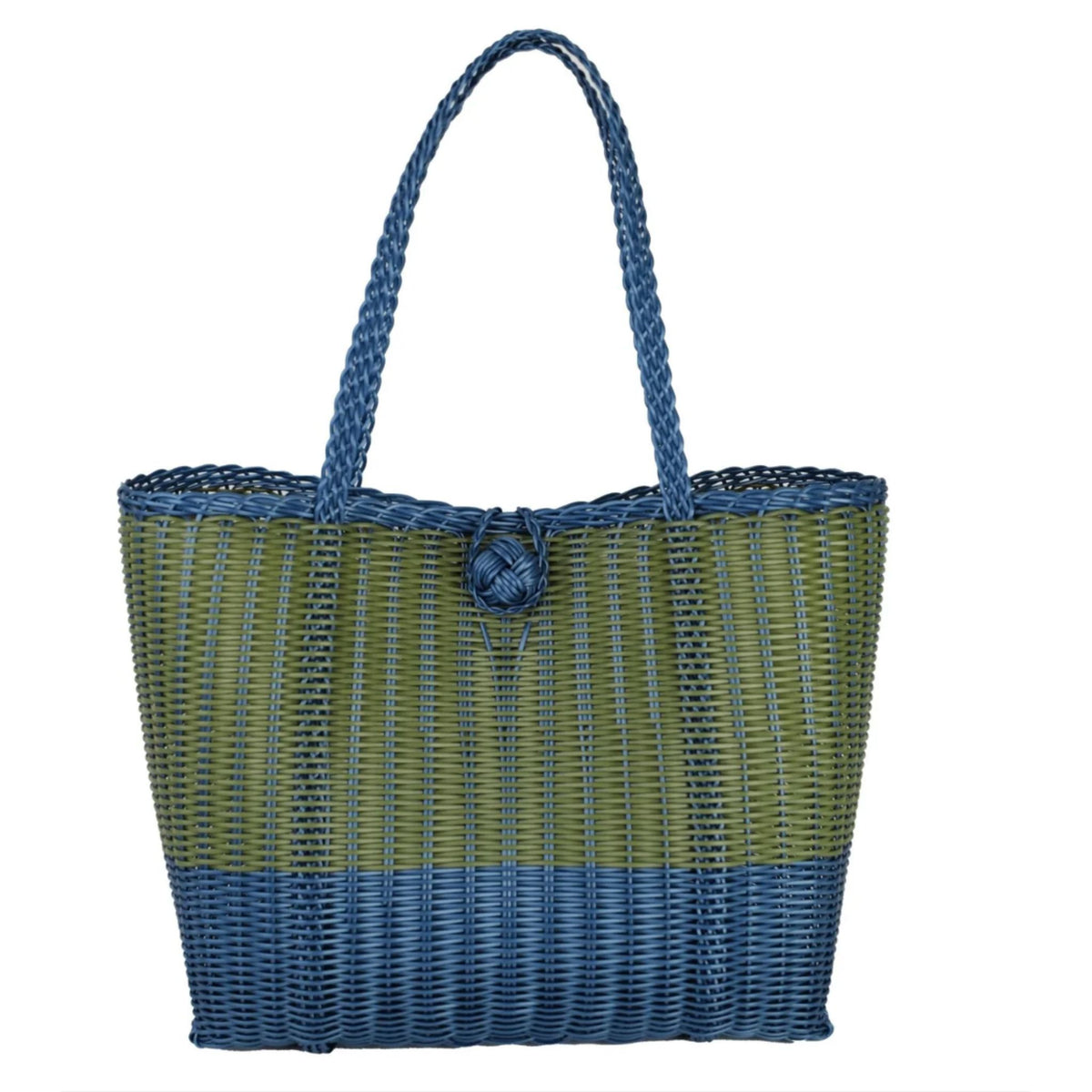 A small hand-woven tote in olive green and blue plastic cord with braided handles and a woven knot closure.
