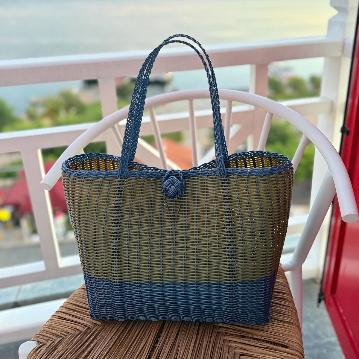 The Lilley Line Small Woven Tote with Pom-Pom