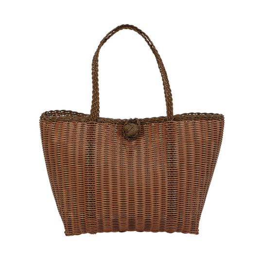 A brown woven plastic tote bag with two braided shoulder straps and a round decorative metal clasp at the top center, shown against a plain white background.