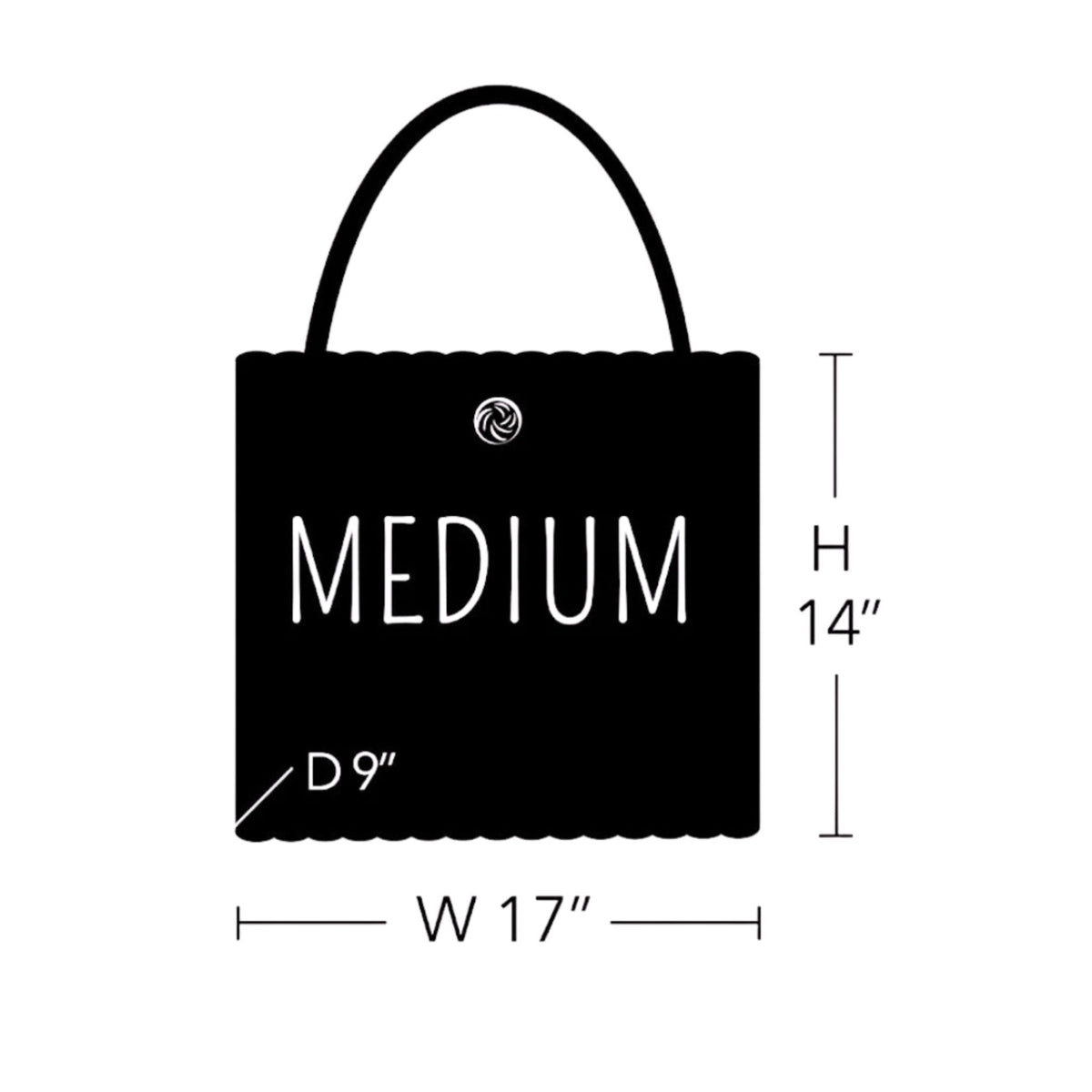 A black tote bag silhouette with dimension labels showing width 17 inches, height 14 inches, and depth 9 inches on a white background.