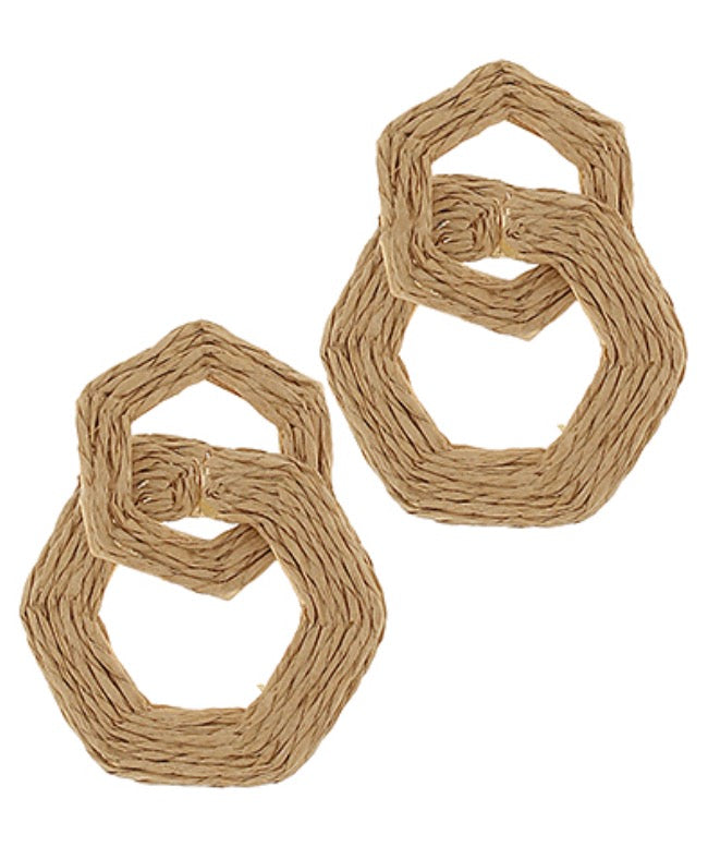 Linked Hexagon Raffia Earrings, linked hexagon outlines in natural raffia