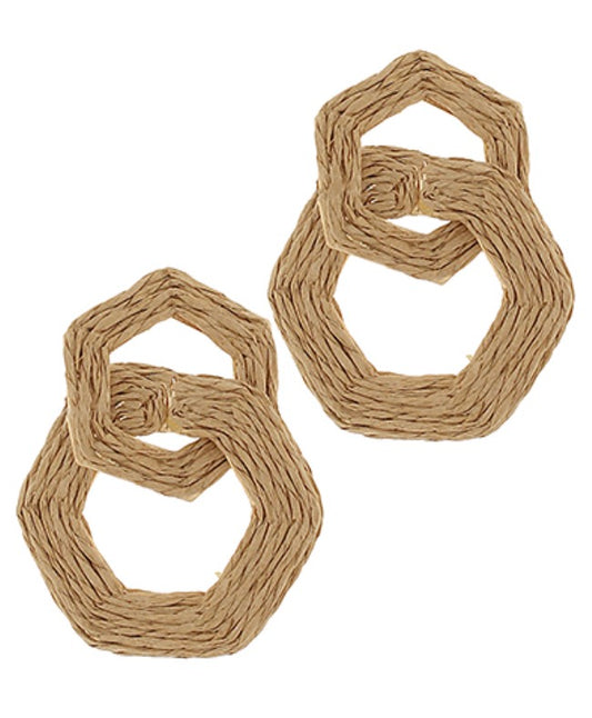 Linked Hexagon Raffia Earrings, linked hexagon outlines in natural raffia