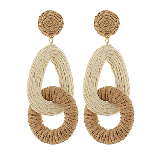 Wicker Dangle, linked teardrop and ring raffia earrings