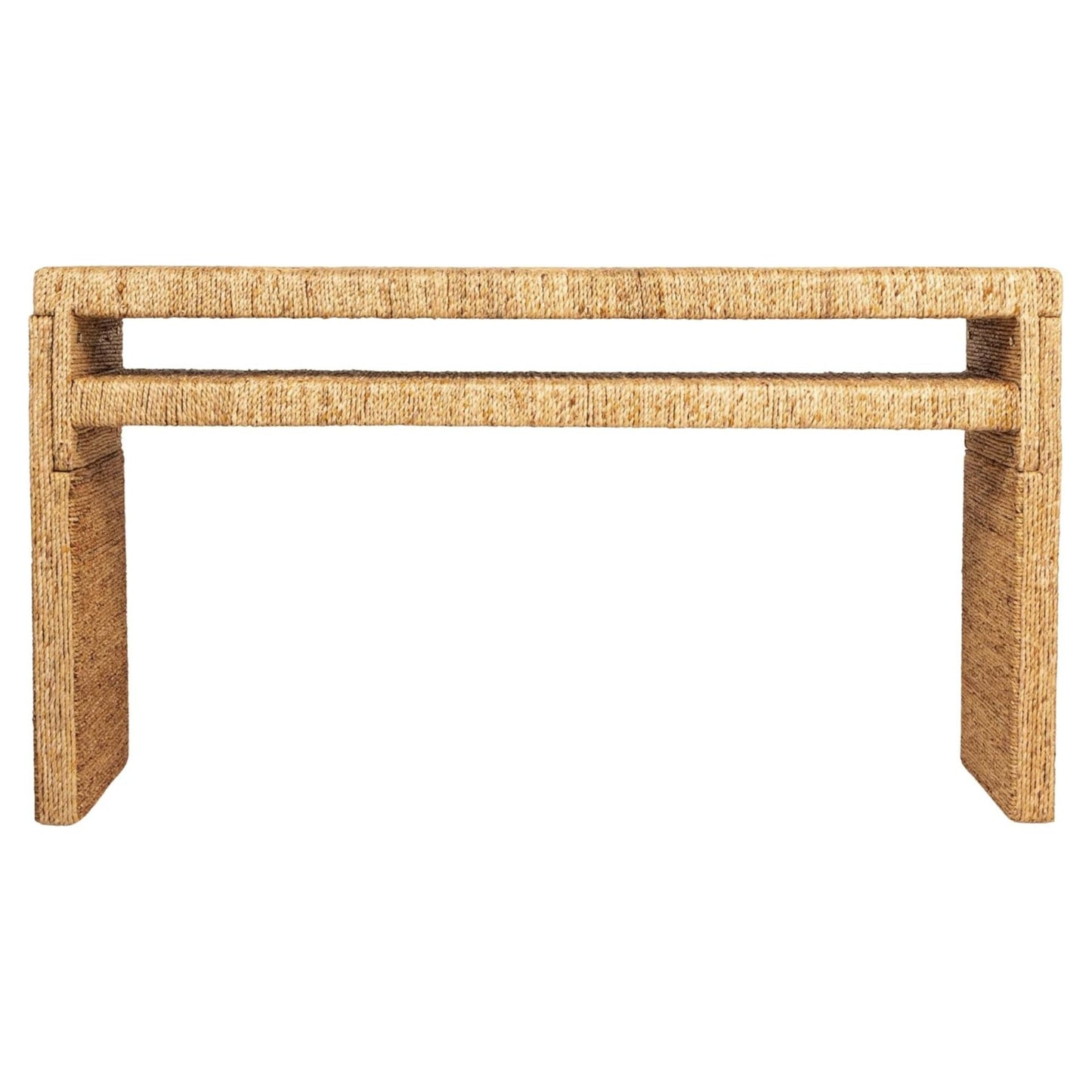 Acacia wood and water hyacinth console table, alternate view